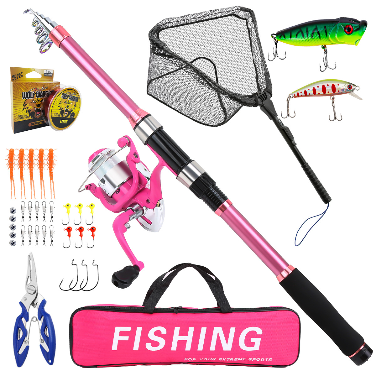 Fishing Line Spooler - 釣り竿セット フルキット 伸縮式釣り竿とスピニングリール付き 餌 フック トラベルポールセット
